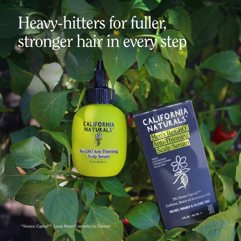 California Naturals Re:GRO ingredients close-up of rosemary and caffeine for hair nourishment.