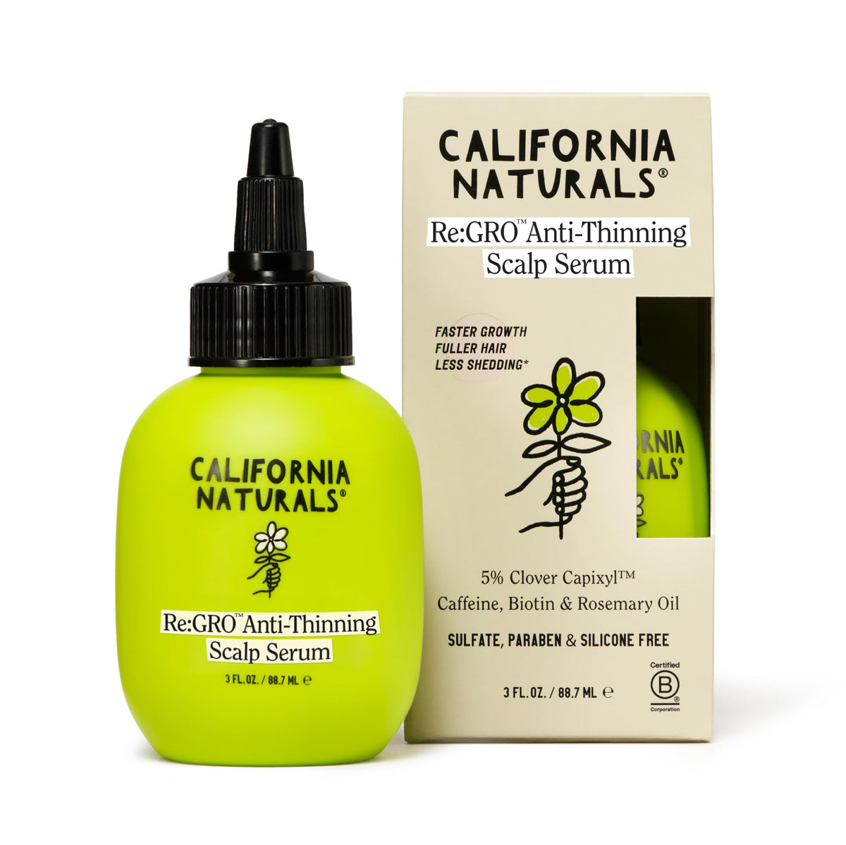 California Naturals Re:GRO serum bottle showing capixyl and 3 oz size for fuller feel