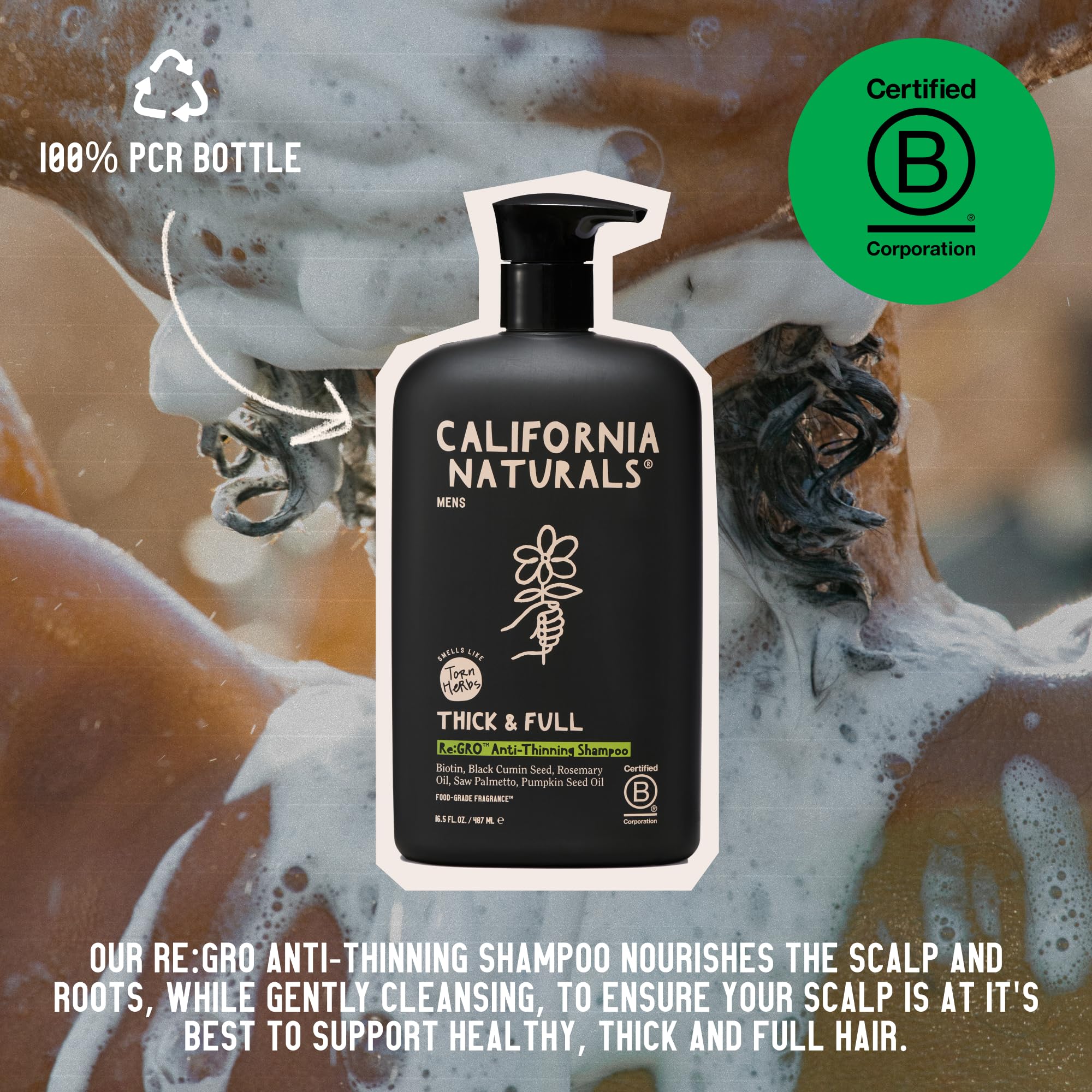 California Naturals Re:GRO Shampoo pump dispenser enables easy daily use.