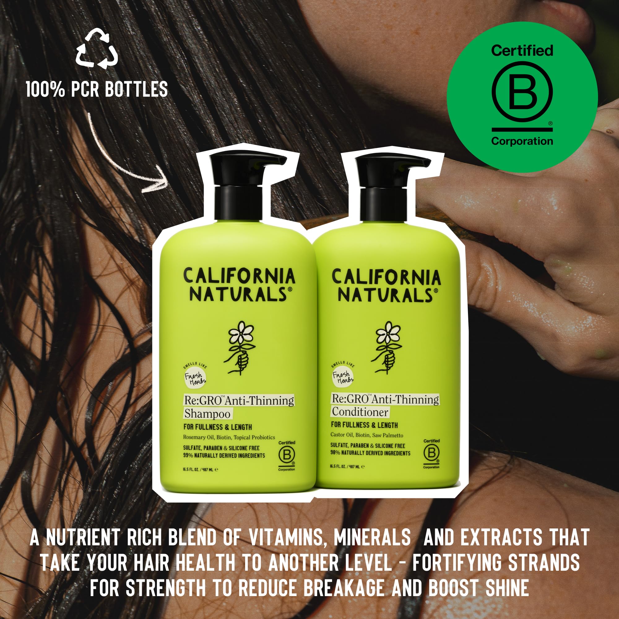 California Naturals Re:GRO shampoo close-up shows rich lather and smooth rinse.