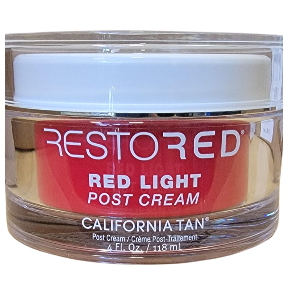 California Tan Restored Post Cream jar close-up for post-therapy hydration.