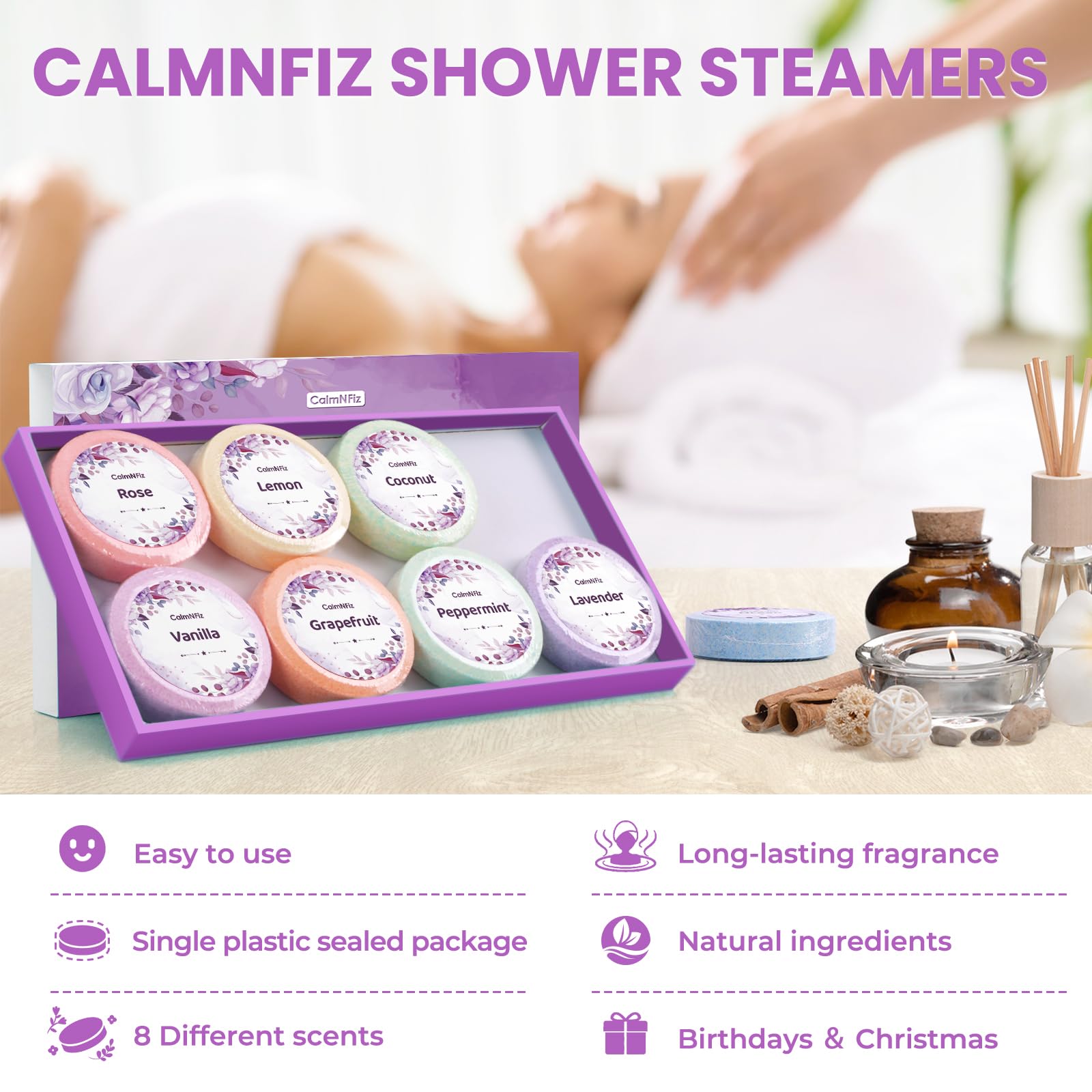 CalmNFiz lavender shower steamer helps calm the mind during showers.