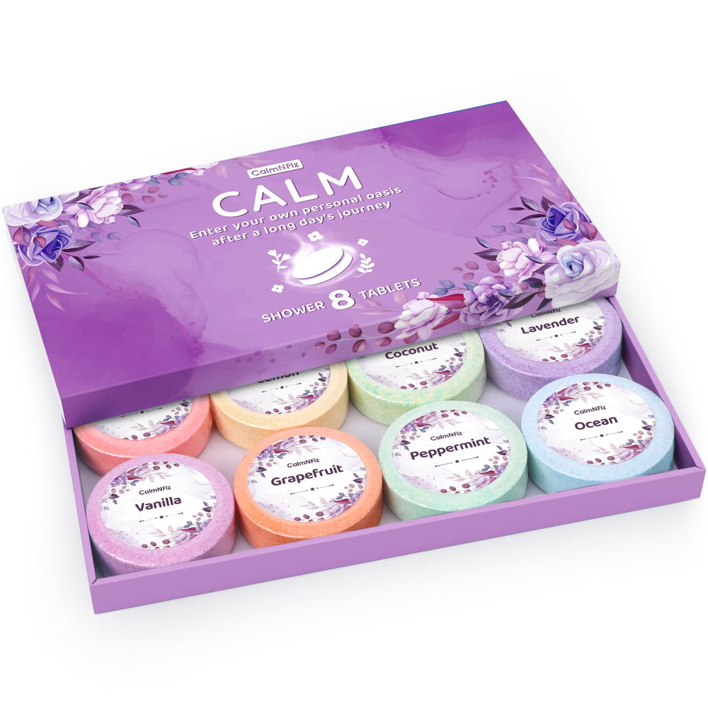 CalmNFiz shower steamers 8-pack in purple box for relaxing shower moments.