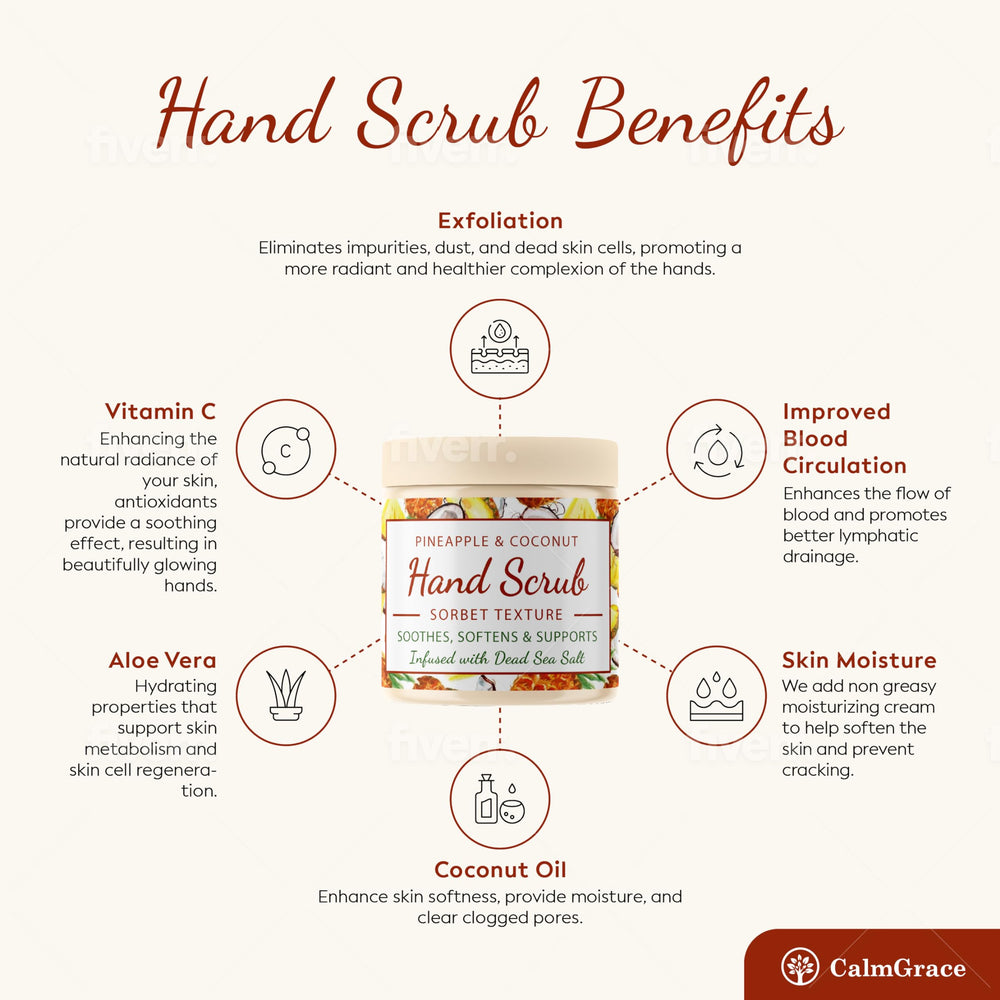 CalmGrace hand scrub featuring avocado oil nourishes skin.
