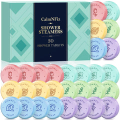 CalmNFiz 30-pack shower steamers in a six-scent box for easy gifting and relaxation.