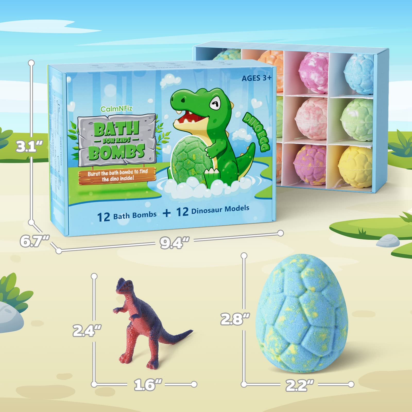 CalmNFiz egg-shaped bath bombs revealing a dinosaur toy inside.