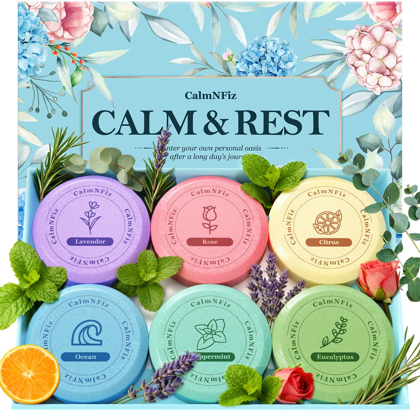 CalmNFiz citrus shower steamer highlights a refreshing scent for your shower.