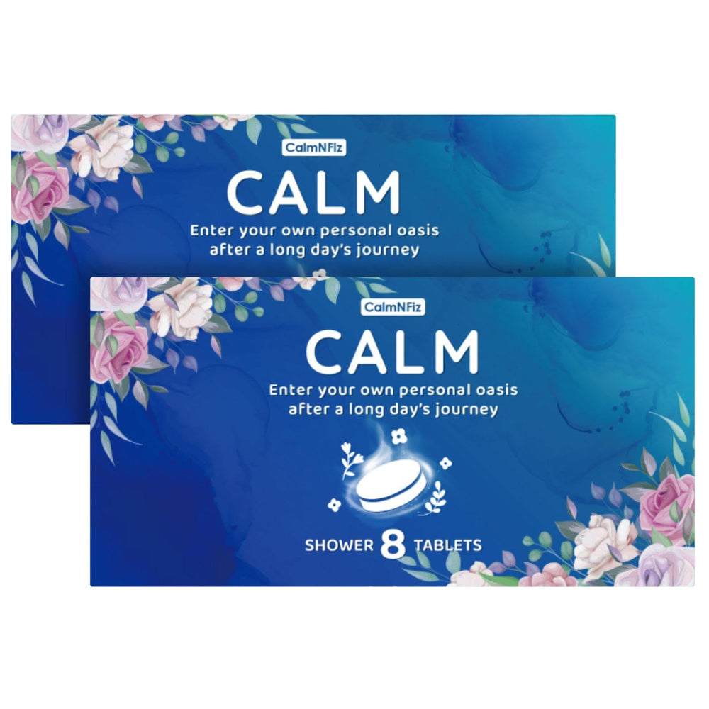 CalmNFiz shower steamers 16-pack front view in blue packaging