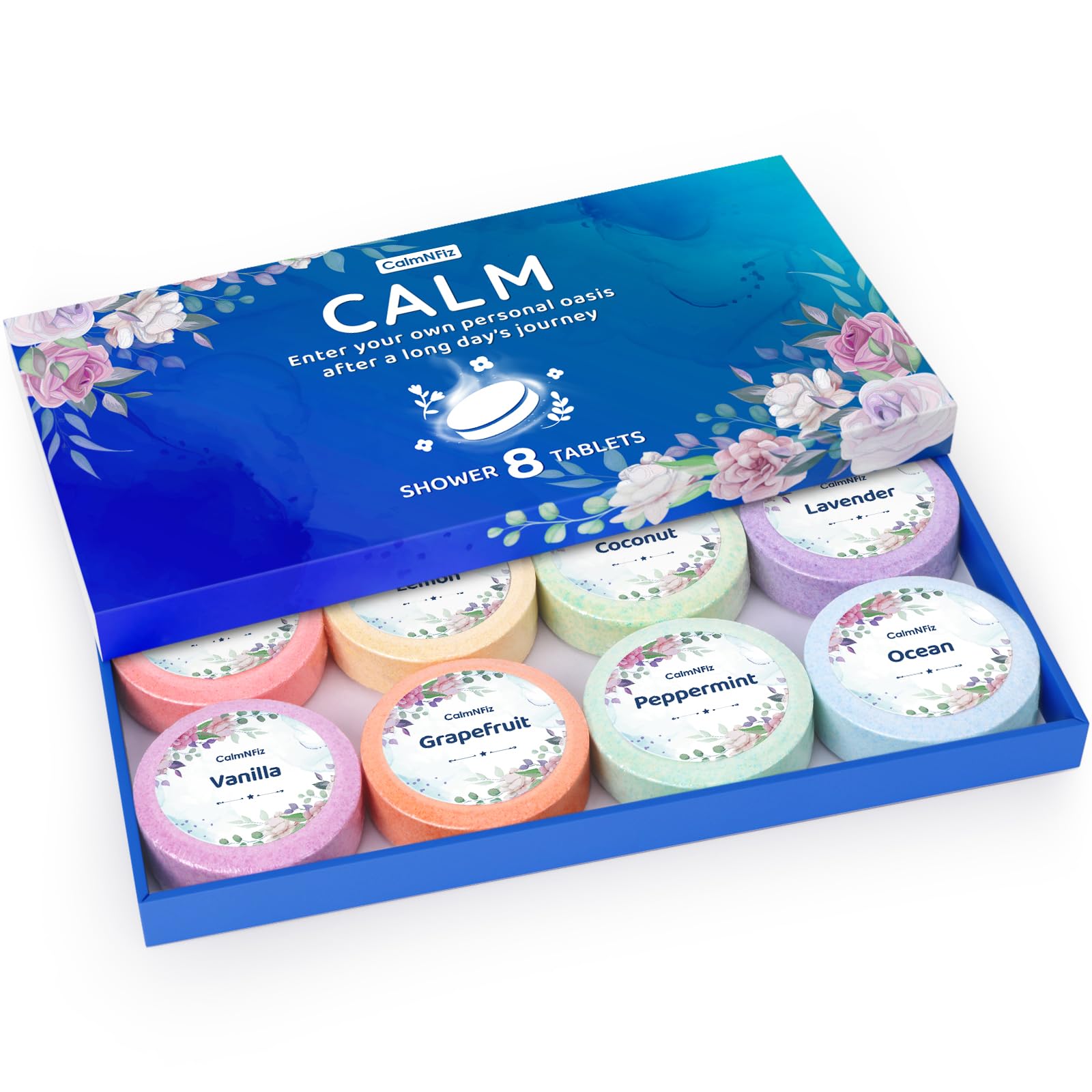 CalmNFiz 8-pack box of shower steamers, gift-ready and fragranced.