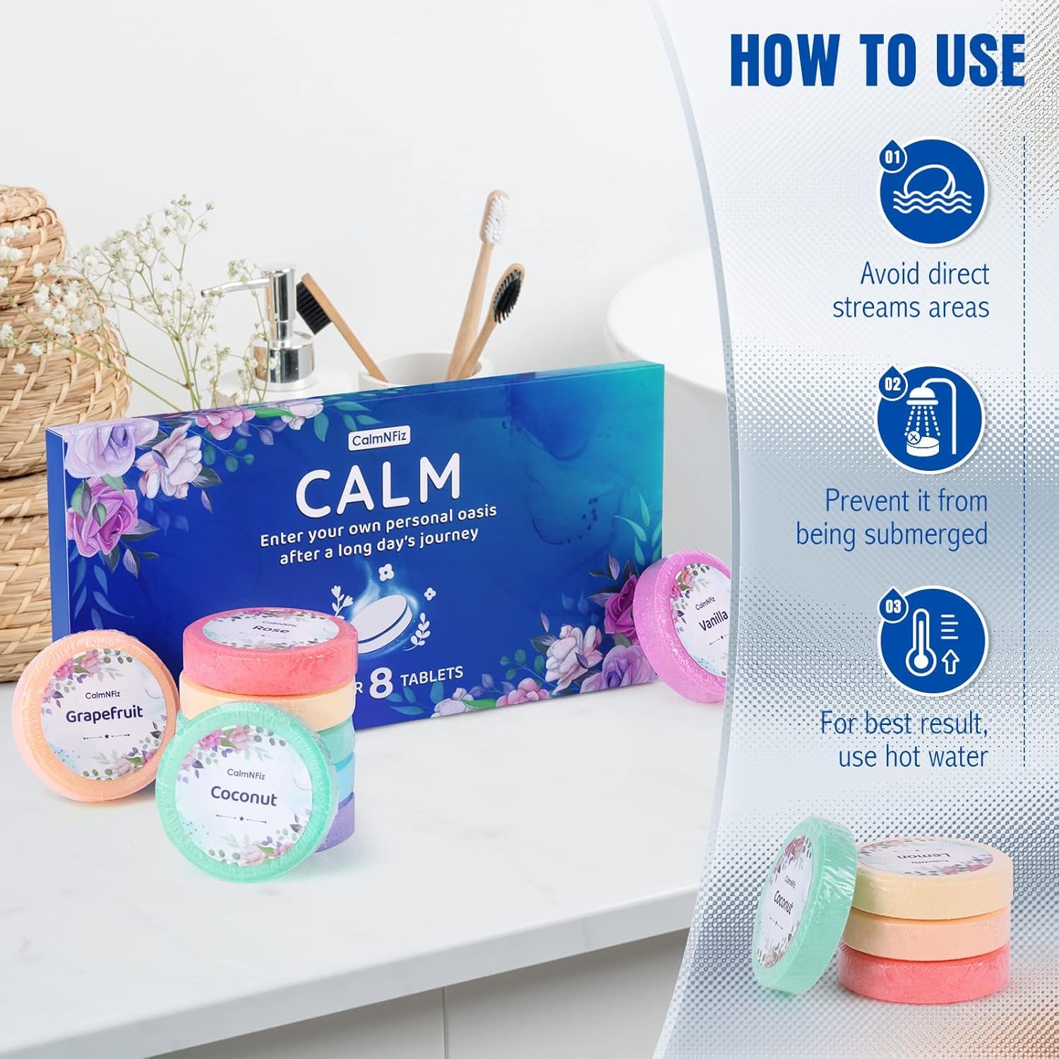 CalmNFiz coconut-scent shower steamer for tropical mood