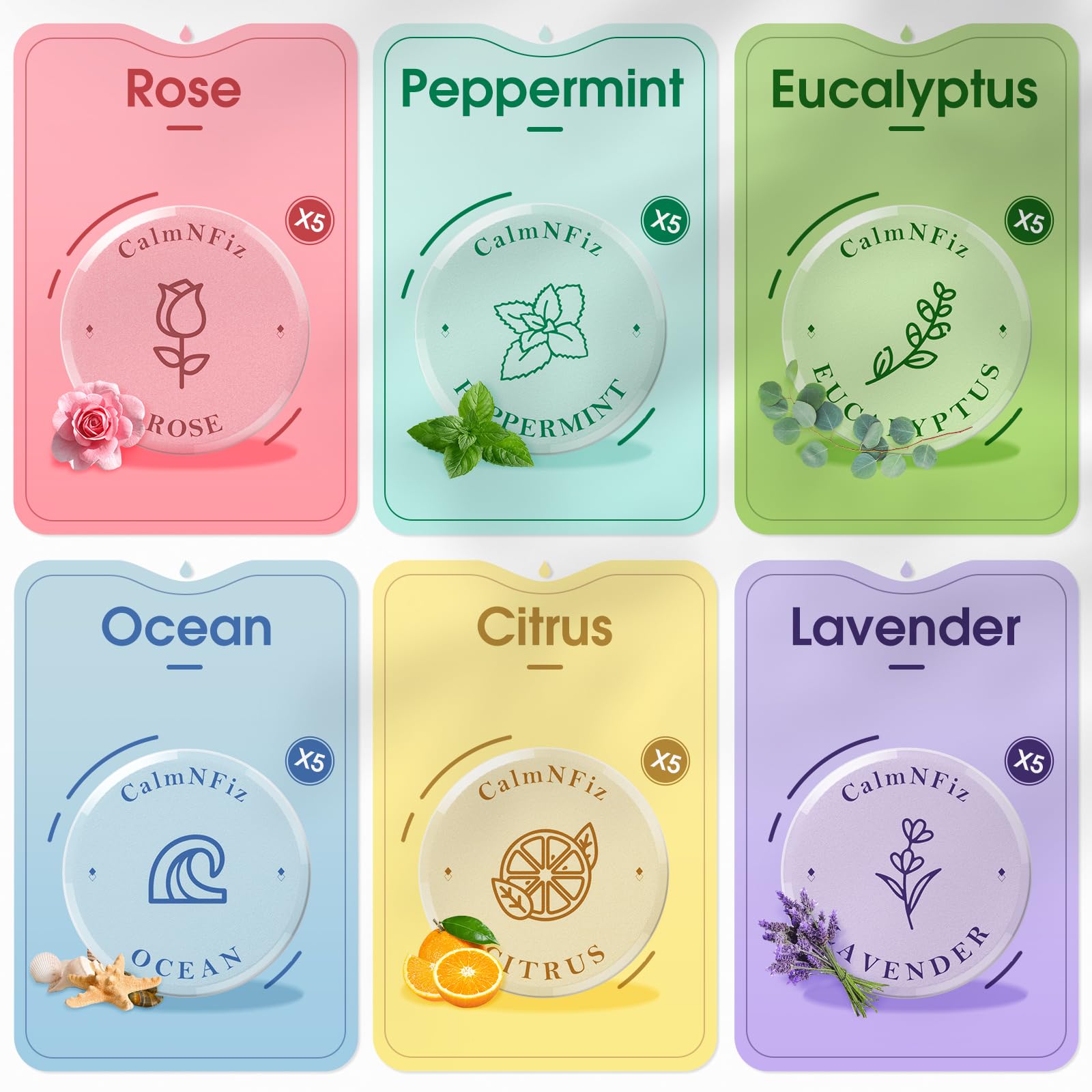 CalmNFiz shower steamer tablets close-up in vivid colors, highlighting scent variety.