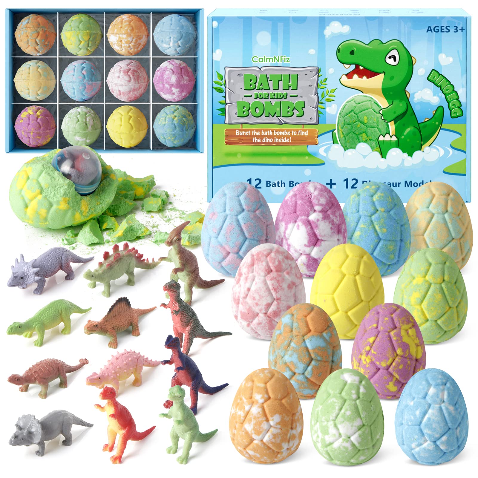 CalmNFiz bath bombs with hidden dinosaur toy and vibrant bubbles in the tub.
