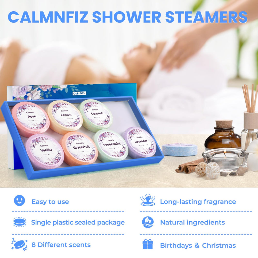 CalmNFiz tablet melt action in the shower, releasing fragrance.