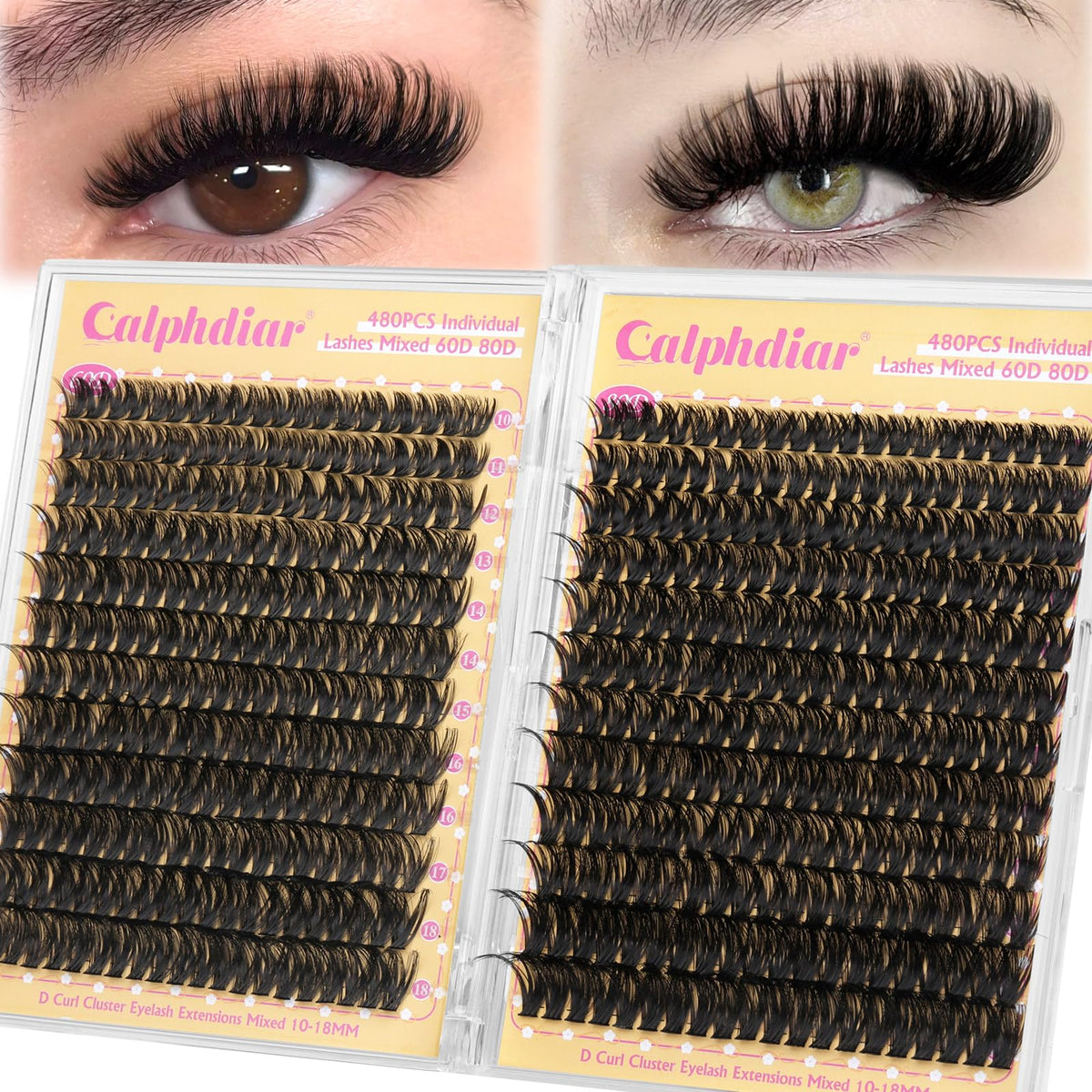 Calphdiar Lashes Clusters 480pcs pack for at-home volume look.