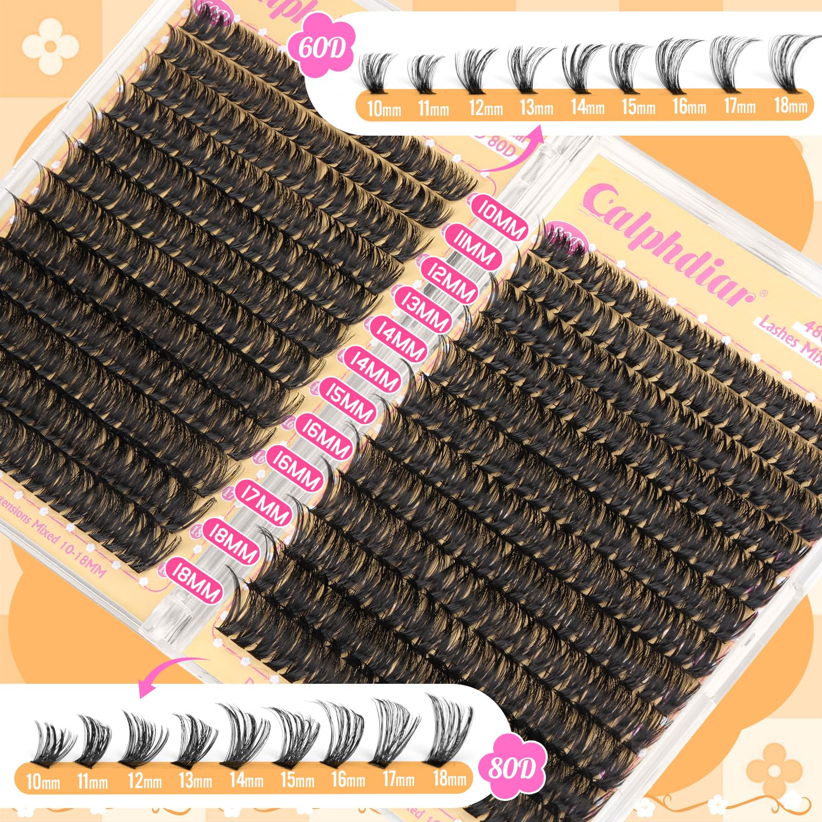 Calphdiar Lashes Clusters D-curly detail enhances eye fringe.