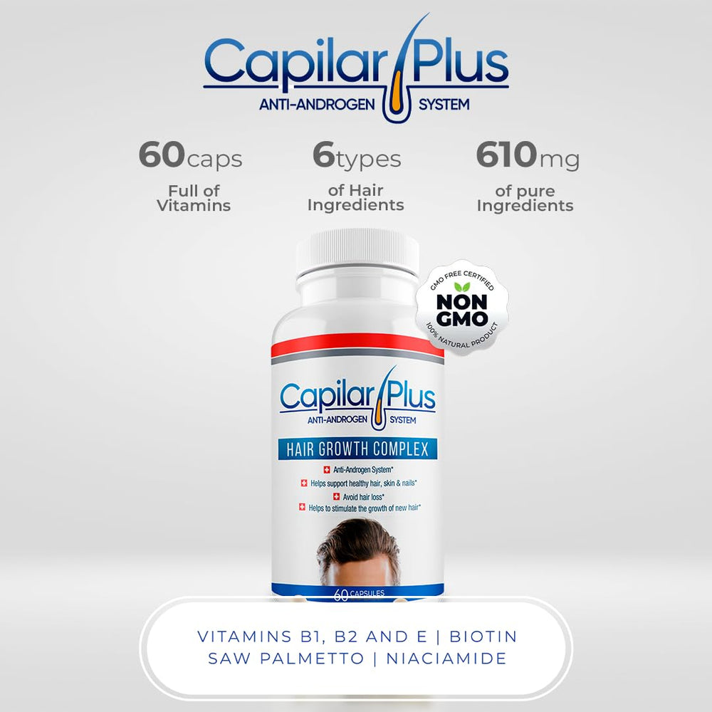 CALVISTOP Capilar Plus packaging box arranged for a simple hair care routine.