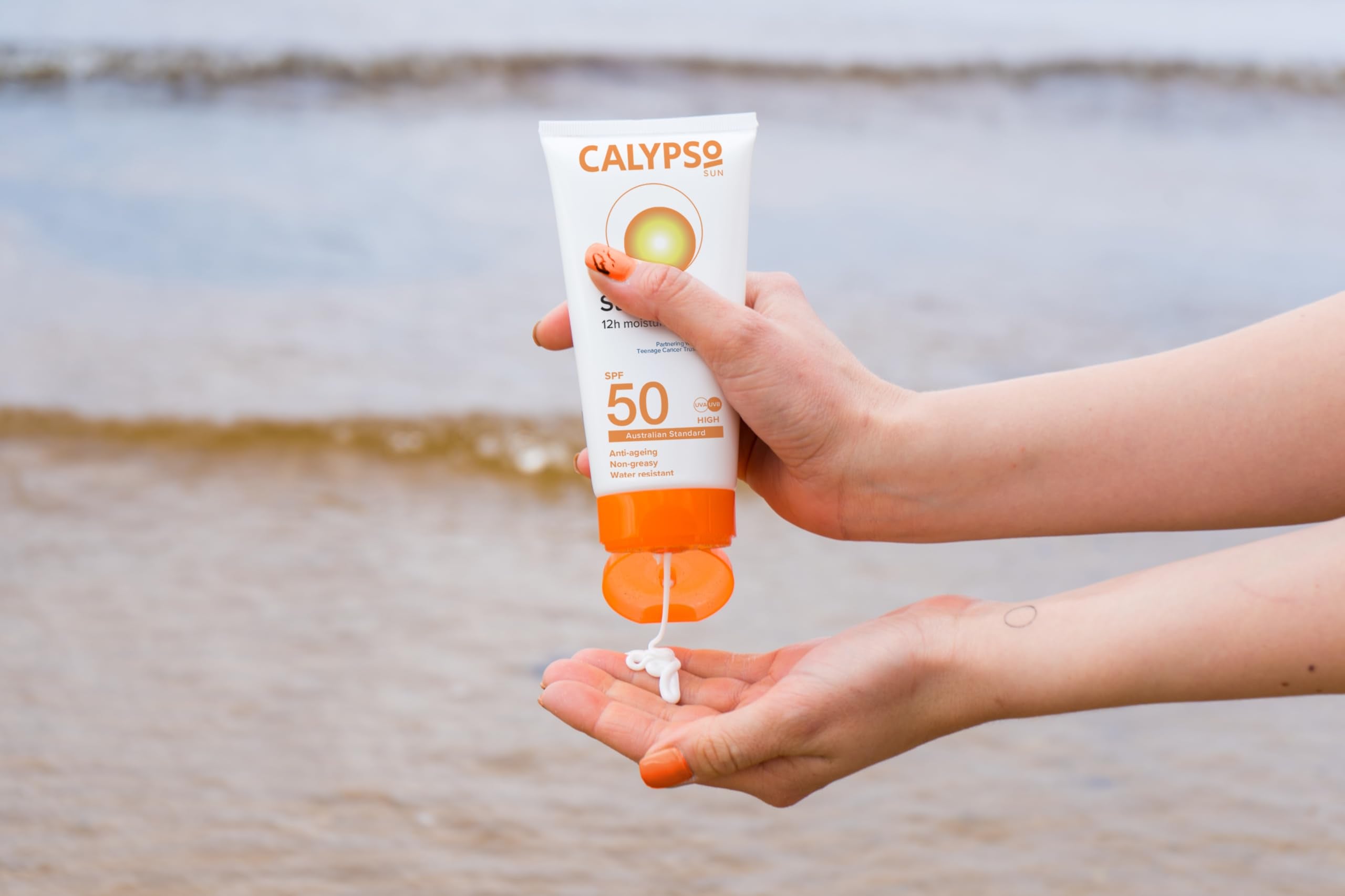 Calypso Linco Care Sun Lotion label highlights water resistance for outdoor activities.