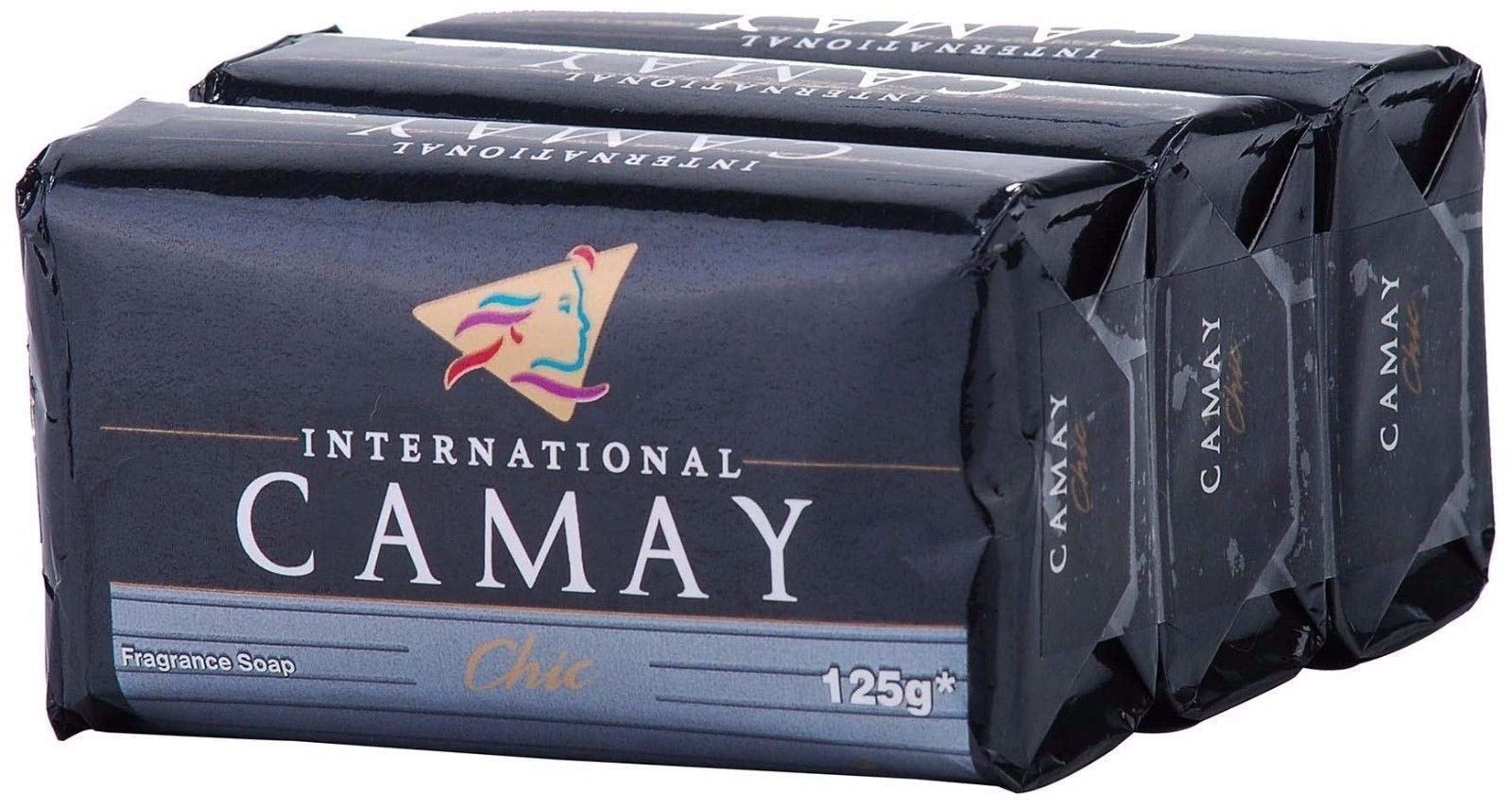 Camay Chic bar soap three-pack packaging showing the compact bars with a gentle fragrance.