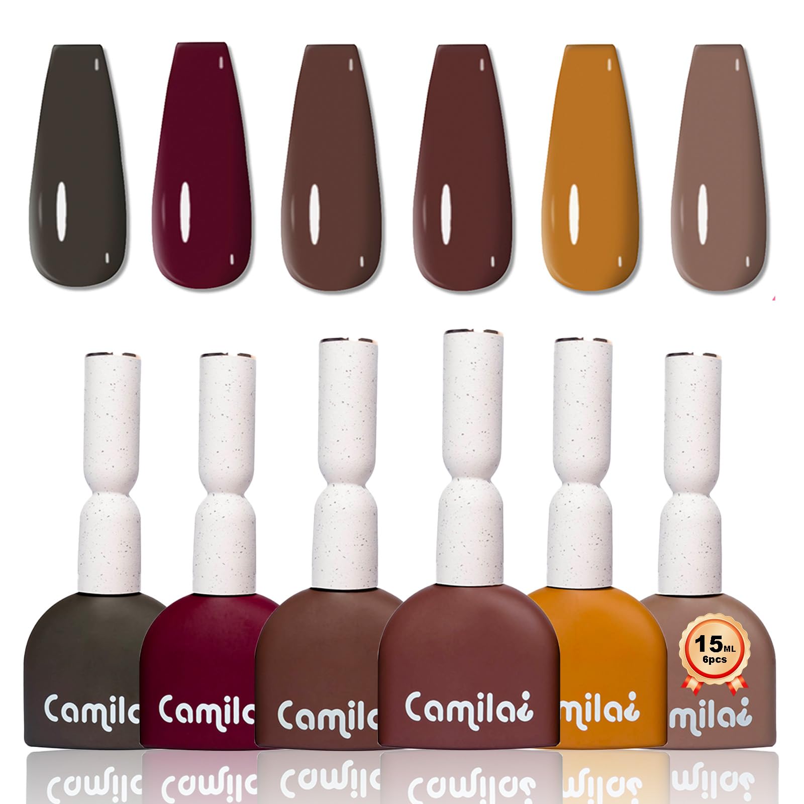 Camila 6x15ml gel polish display shows organized color options for easy selection
