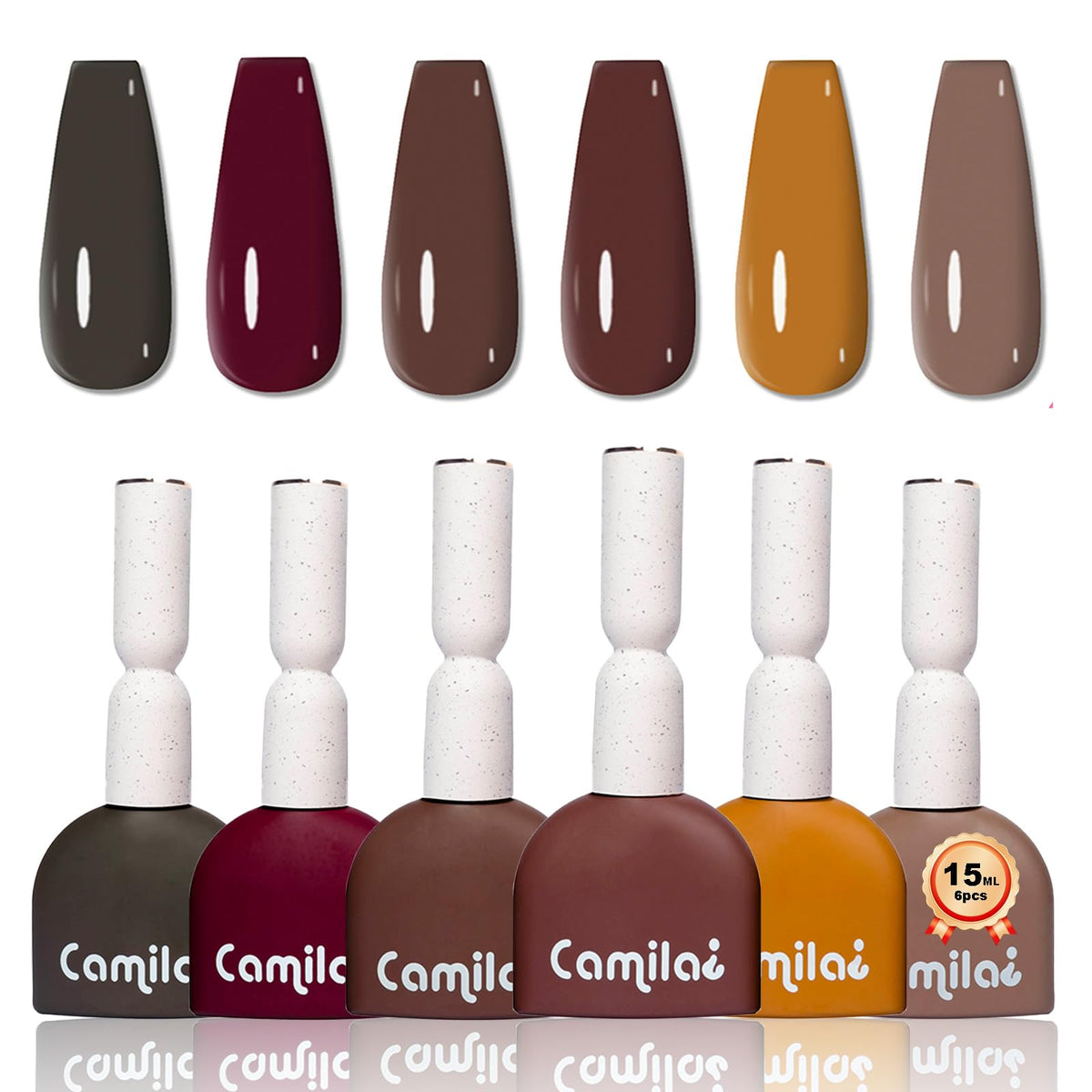 Camila 6x15ml gel polish display shows organized color options for easy selection
