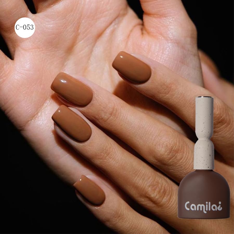 Camila nails shown with brown gel polish for a salon-quality finish