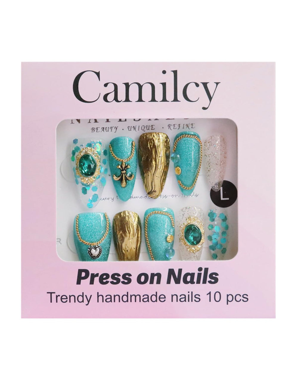 CAMILCY armour gold-green diamonds nails showcase hand-painted 3D detail.