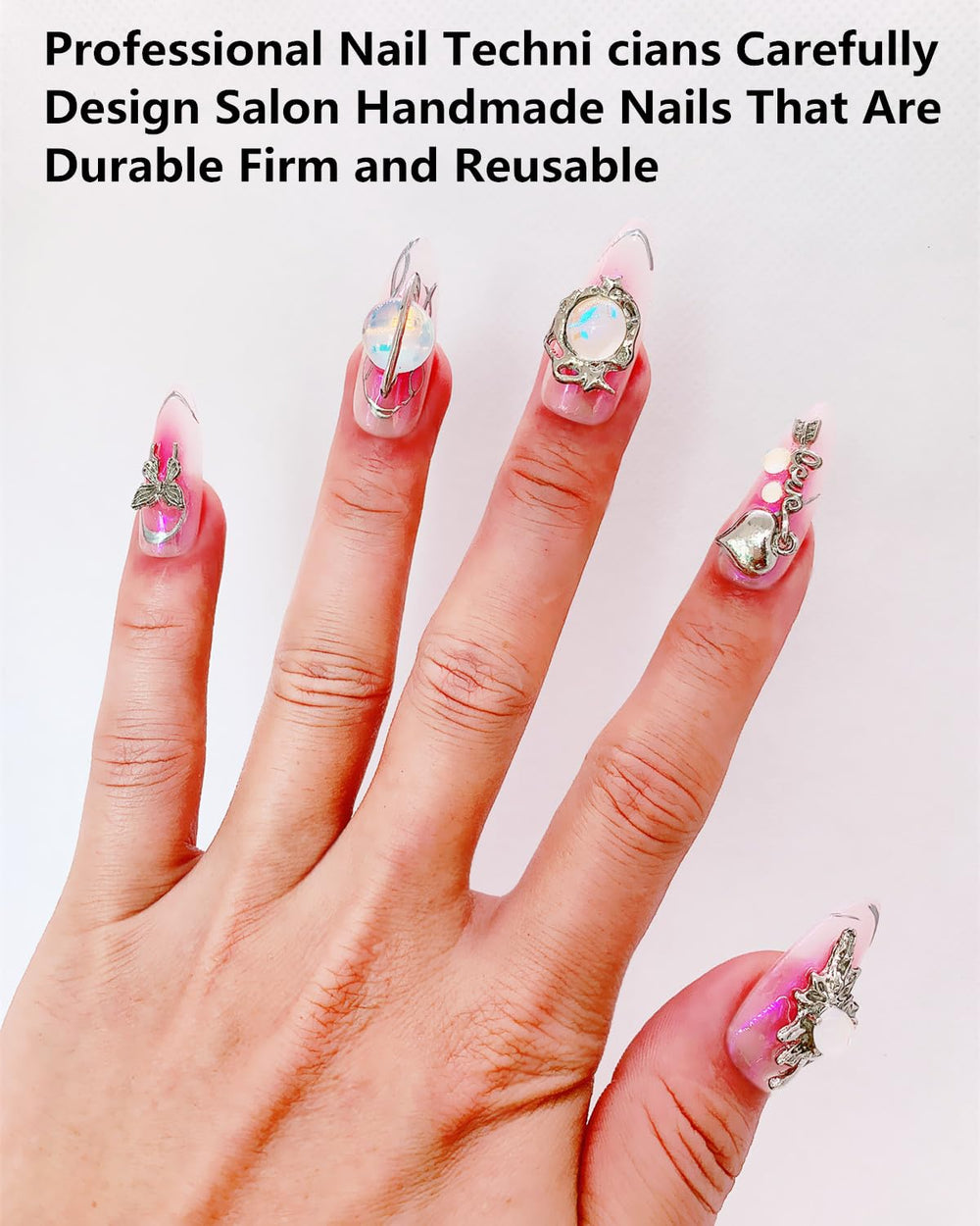 CAMILCY long almond nails with armor gradient pink diamonds for elegant wear.