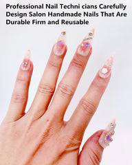 CAMILCY closeup pink long pointed nails show 3D glitz detail