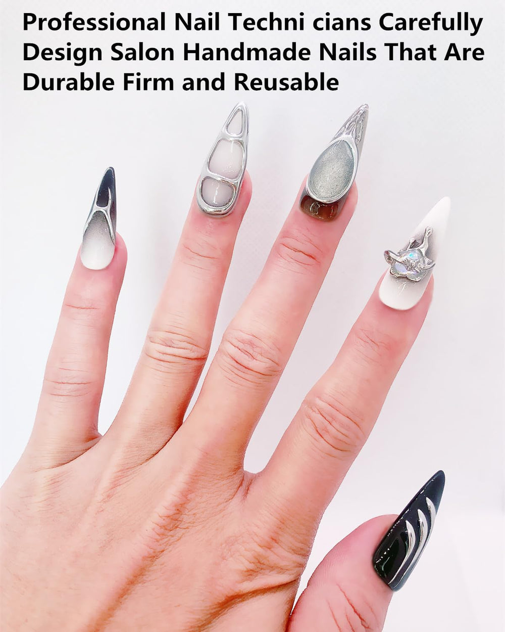 CAMILCY nails with black base and silver diamonds for a standout look.