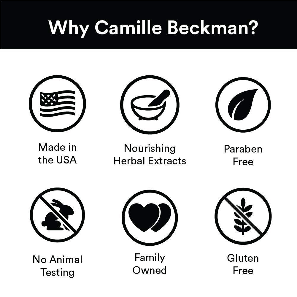 Camille Beckman Basics for Men bottle back label—rich moisture for rough skin