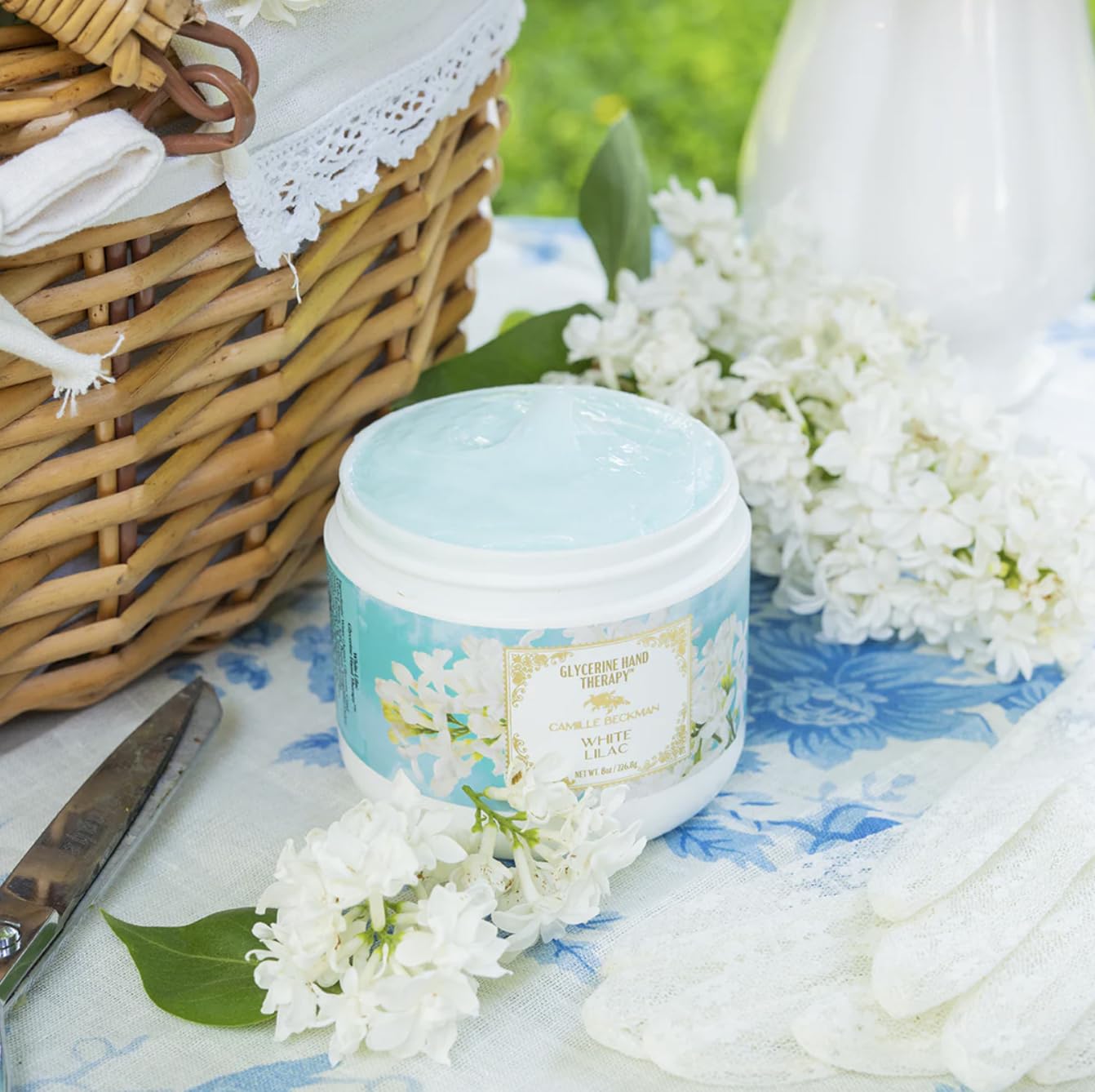 Camille Beckman White Lilac 8-ounce jar ready for daily use