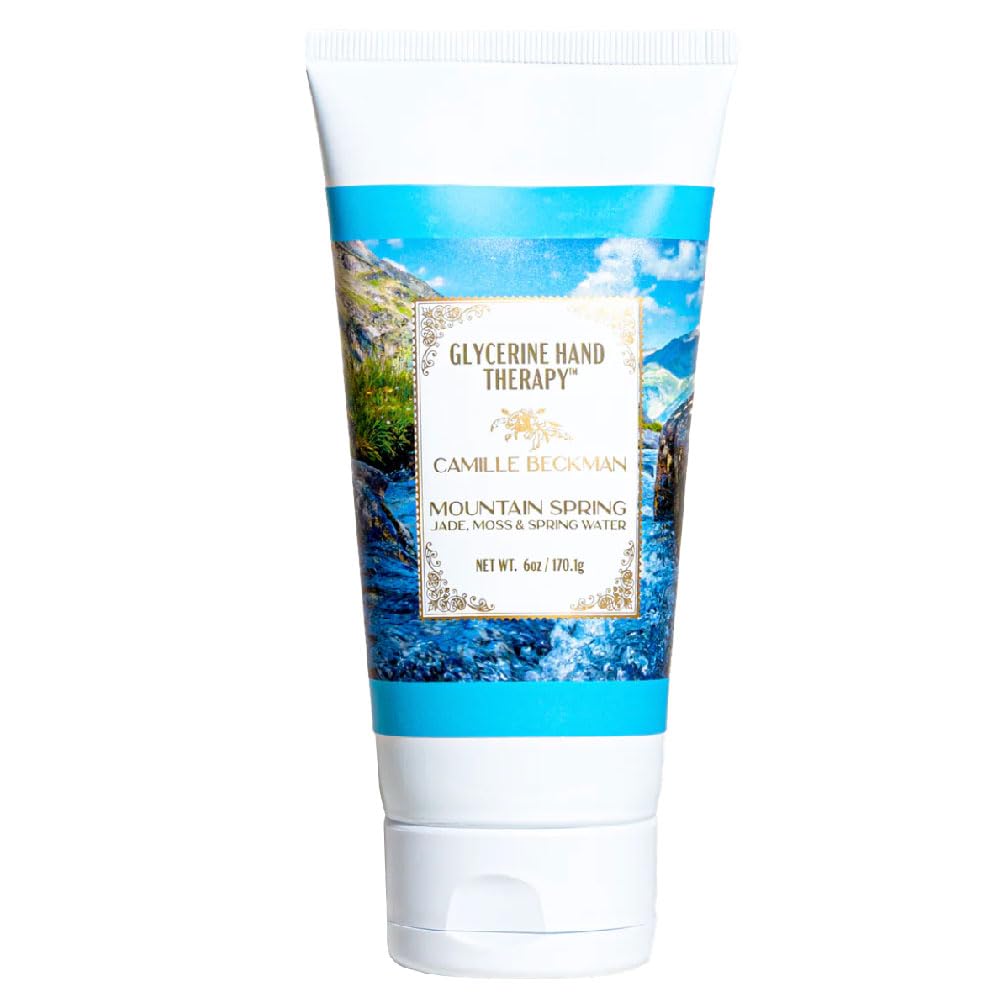 Camille Beckman glycerine hand therapy application close-up showing smooth, moisturized skin.