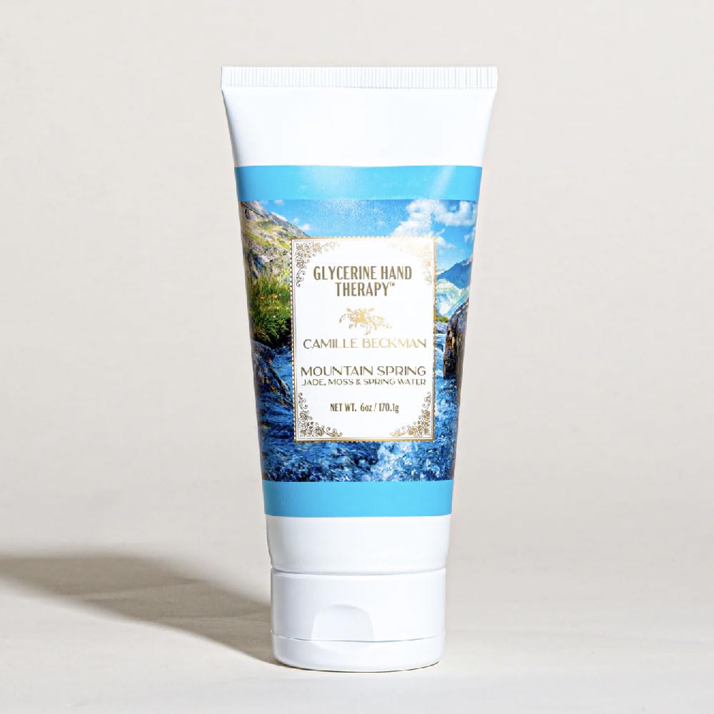 Camille Beckman Mountain Spring hand cream close-up highlighting quick-absorb formula.
