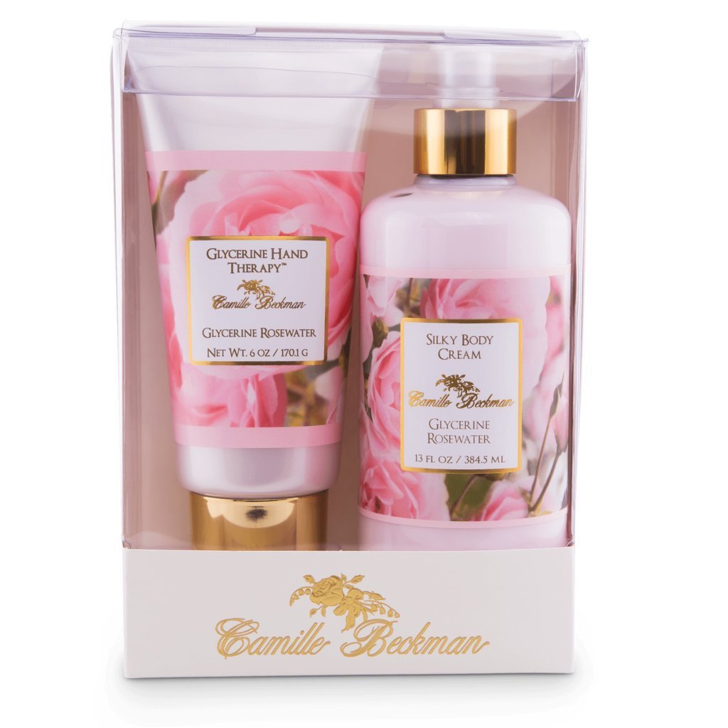Camille Beckman hand and body duet set in a glossy gift box with rosewater fragrance for daily care