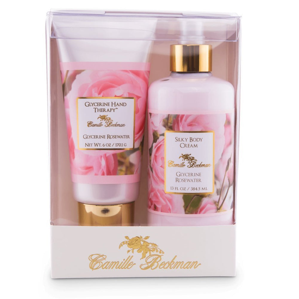 Camille Beckman hand and body duet set in a glossy gift box with rosewater fragrance for daily care