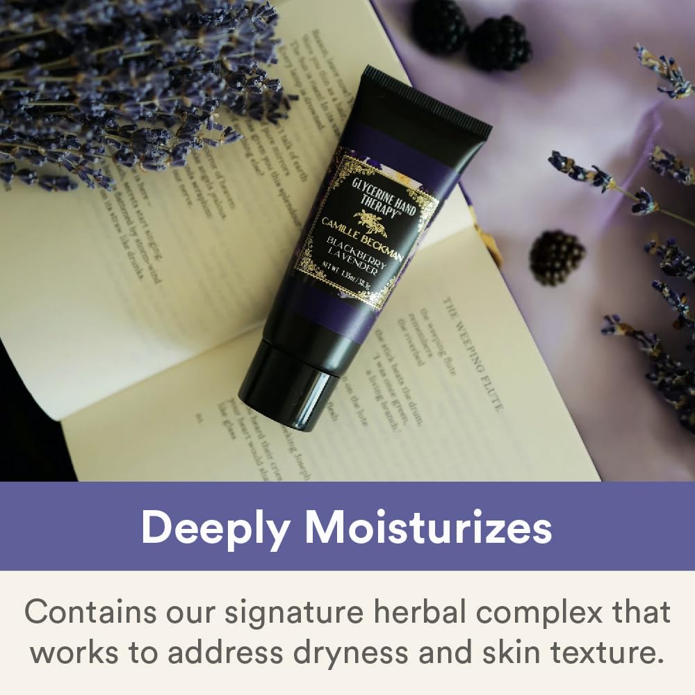 Camille Beckman Hand Therapy highlights glycerin, aloe, and vitamin E for moisture
