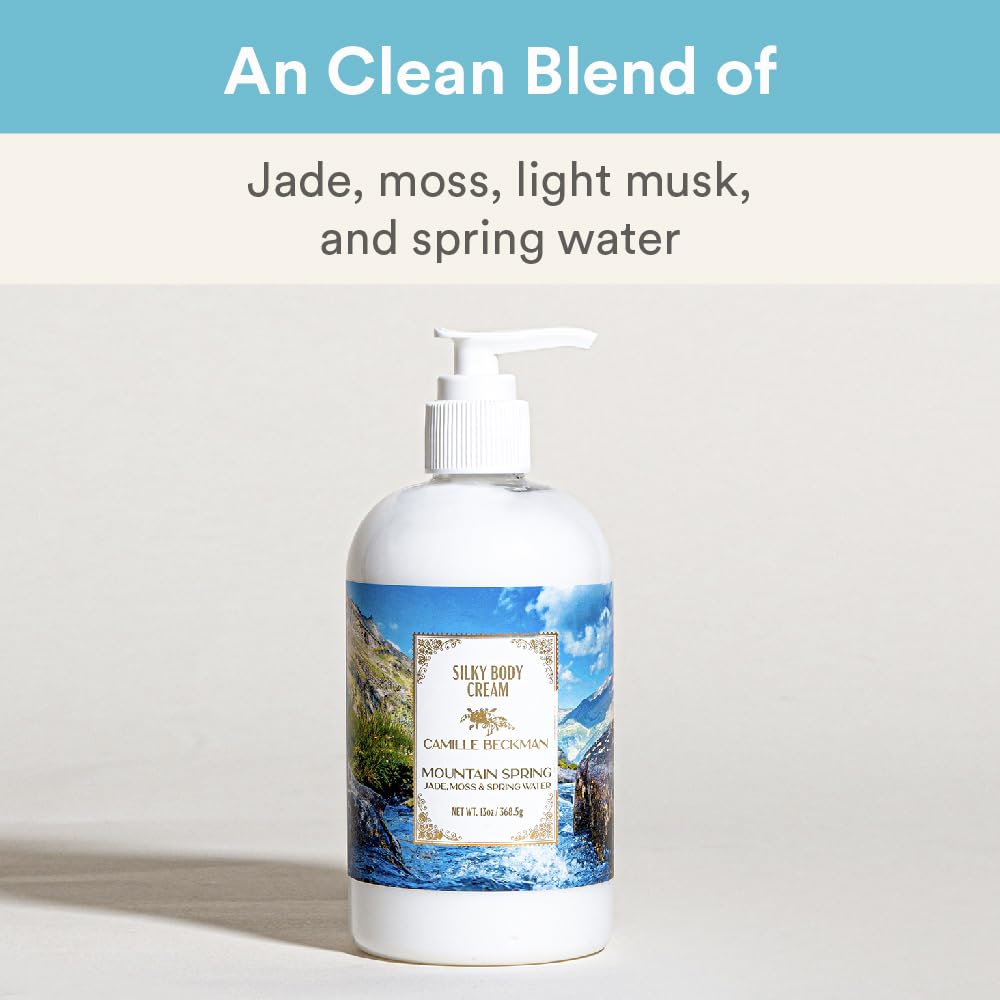 Camille Beckman Mountain Spring bottle pour showing light hydration
