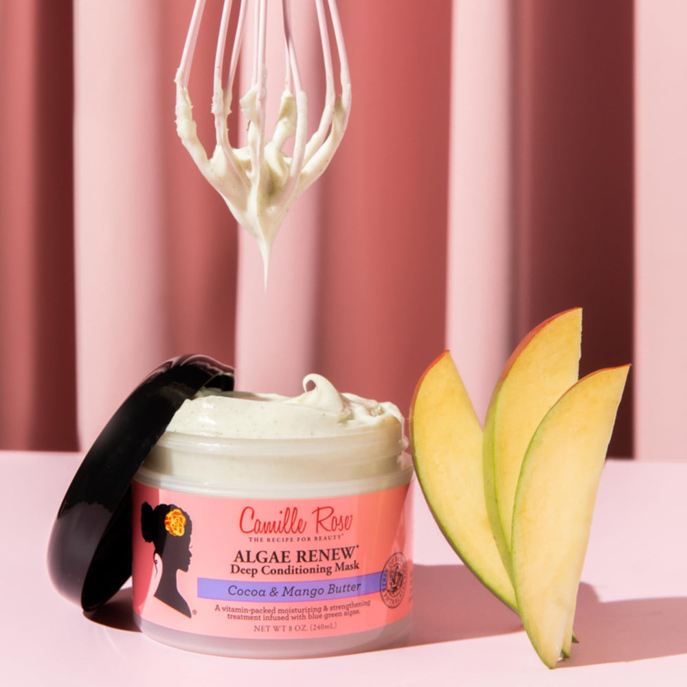 Camille Rose Algae Renew Mask texture close-up highlights creamy mango butter formula.