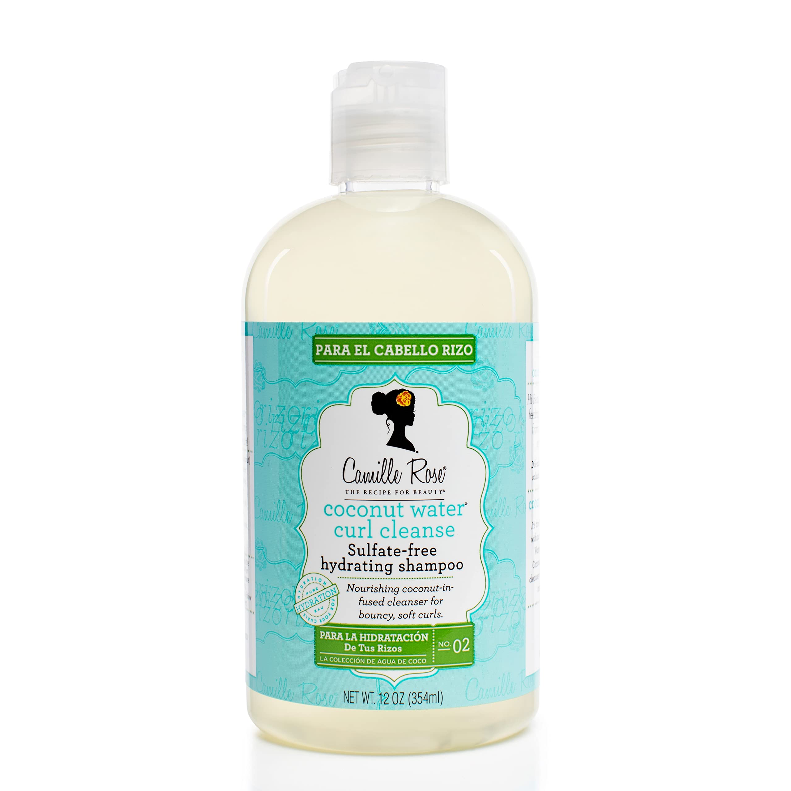 Camille Rose Coconut Water Curl Cleanse bottle provides lightweight hydration for soft curls.
