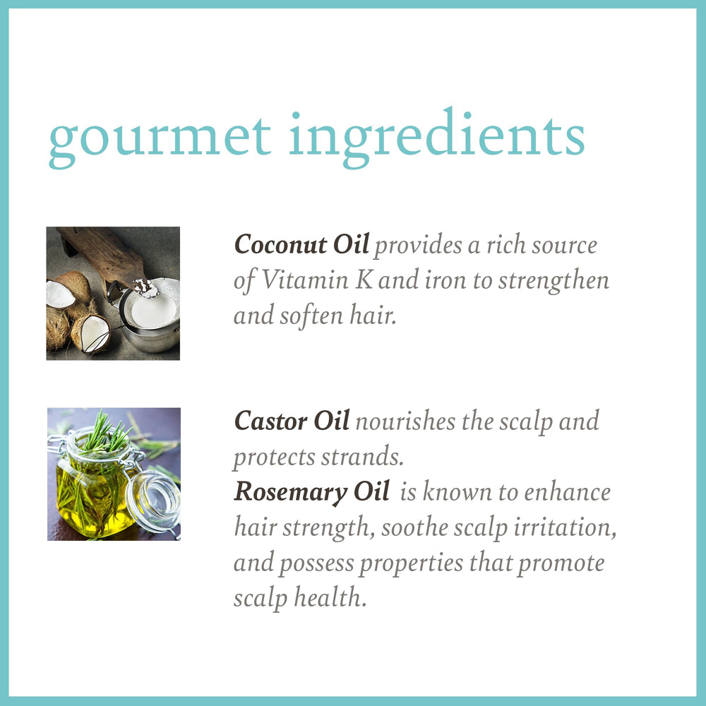 Close-up of coconut oil and castor oil in Camille Rose formula for moisture.