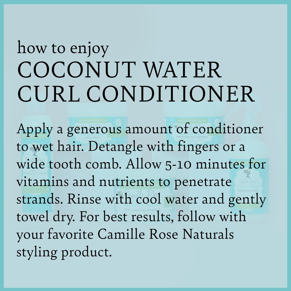 Close-up of daily-use Camille Rose Coconut Water Curl Conditioner bottle.
