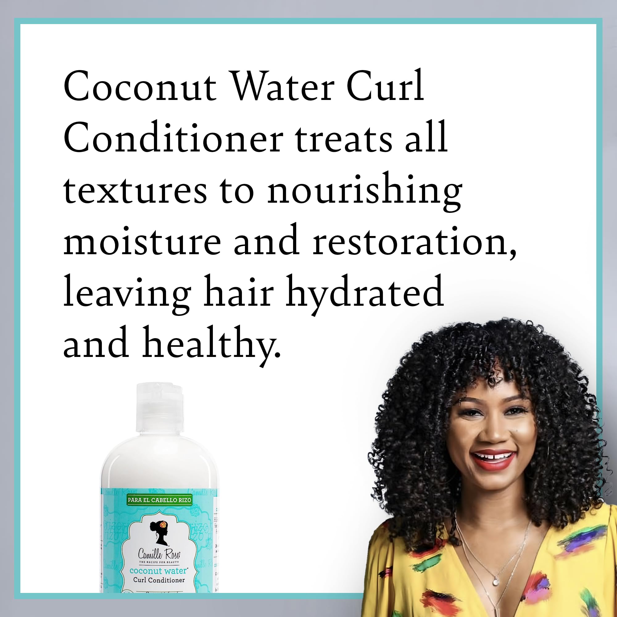 Camille Rose Coconut Water Curl Conditioner jar reveals a creamy formula for frizz control.