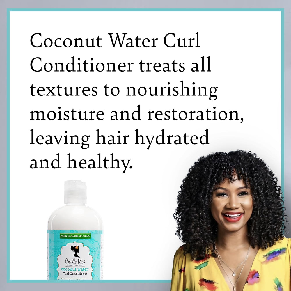 Camille Rose Coconut Water Curl Conditioner jar reveals a creamy formula for frizz control.