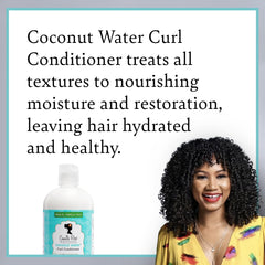 Camille Rose Coconut Water Curl Conditioner jar reveals a creamy formula for frizz control.