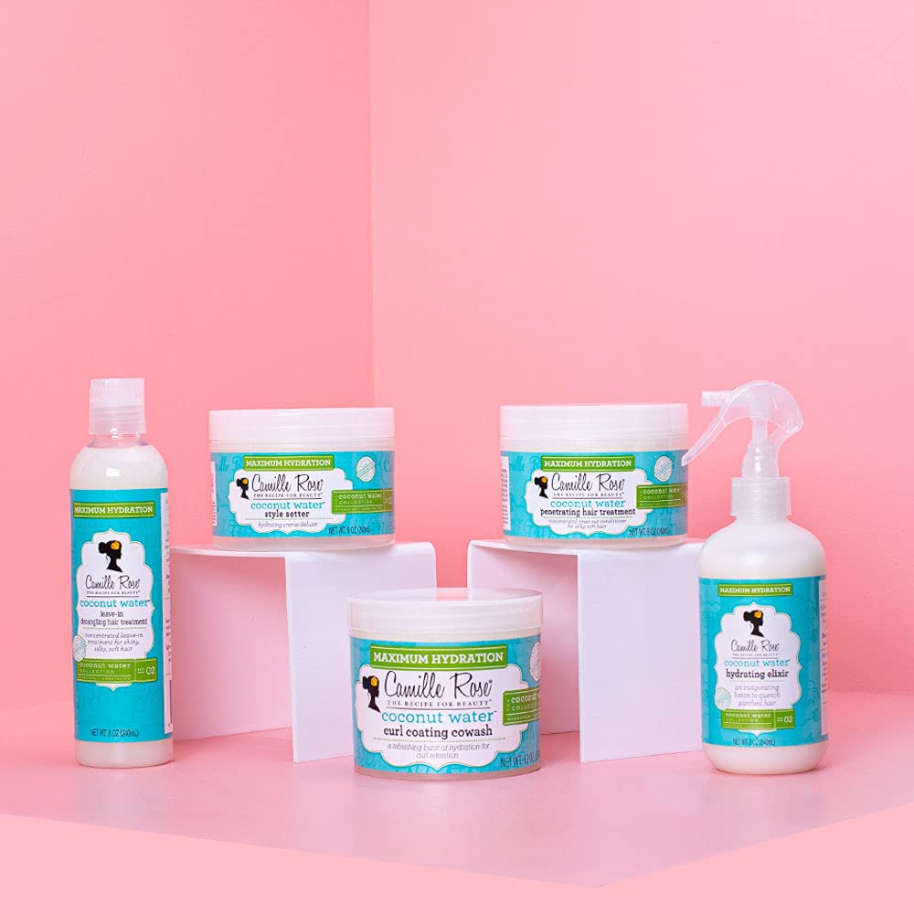 Pouring Camille Rose Coconut Water Penetrating Treatment to highlight hydration