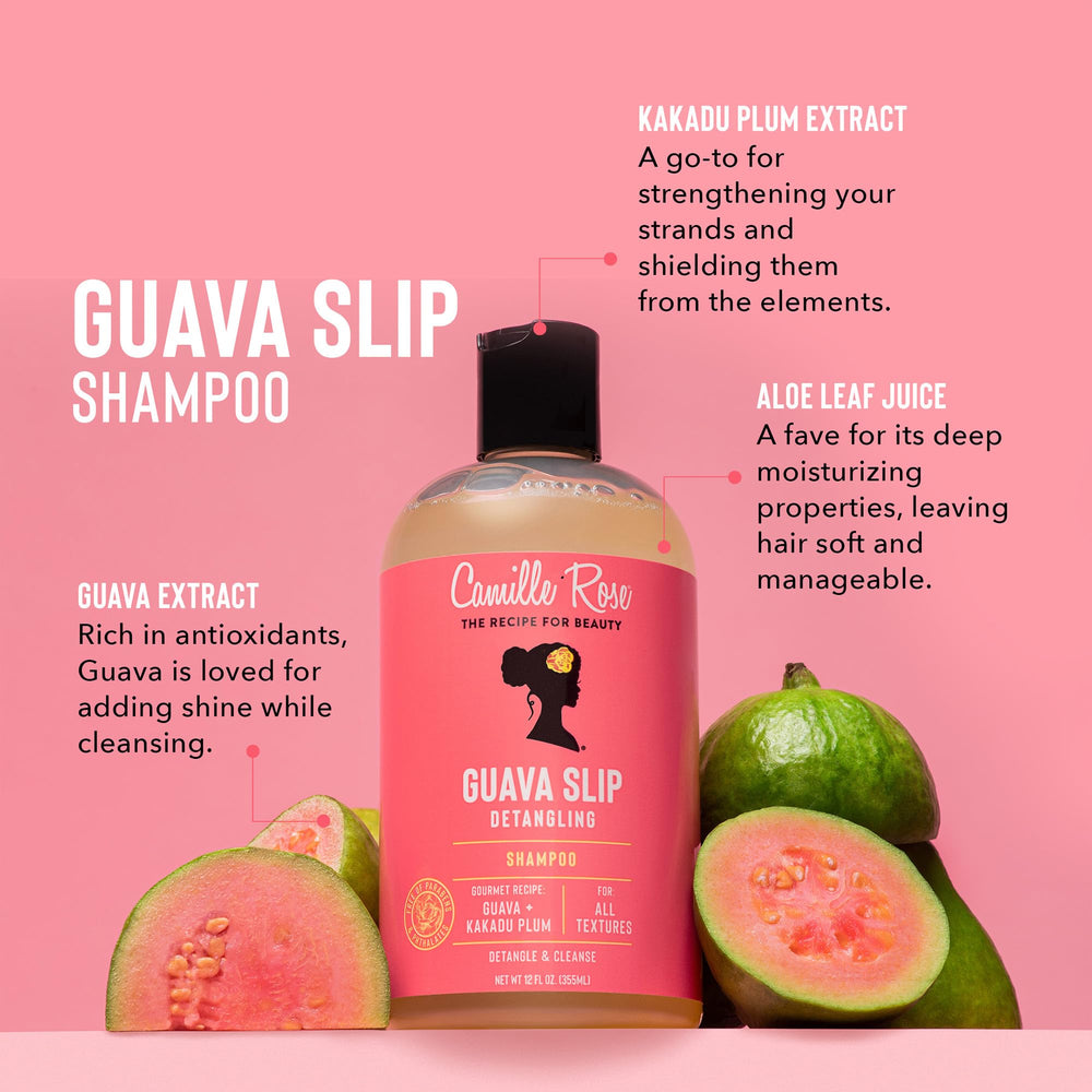 Hair after rinse with Camille Rose Guava Slip Detangling Shampoo—smooth, detangled strands.