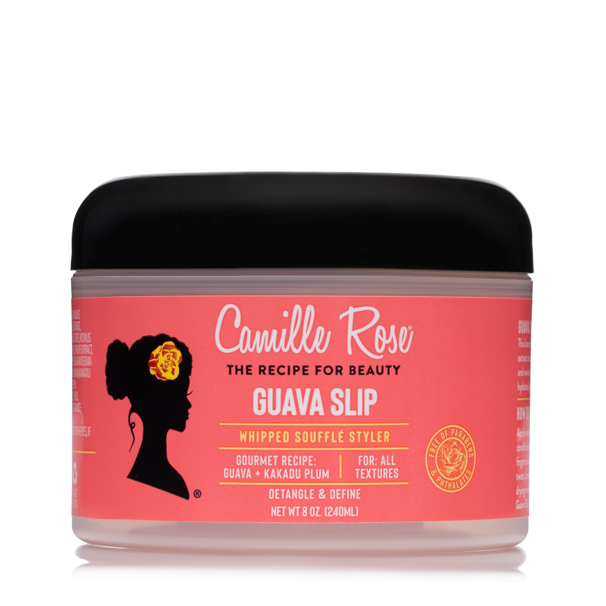 Camille Rose Guava Whipped Cream bottle close-up for detangling and hydration.