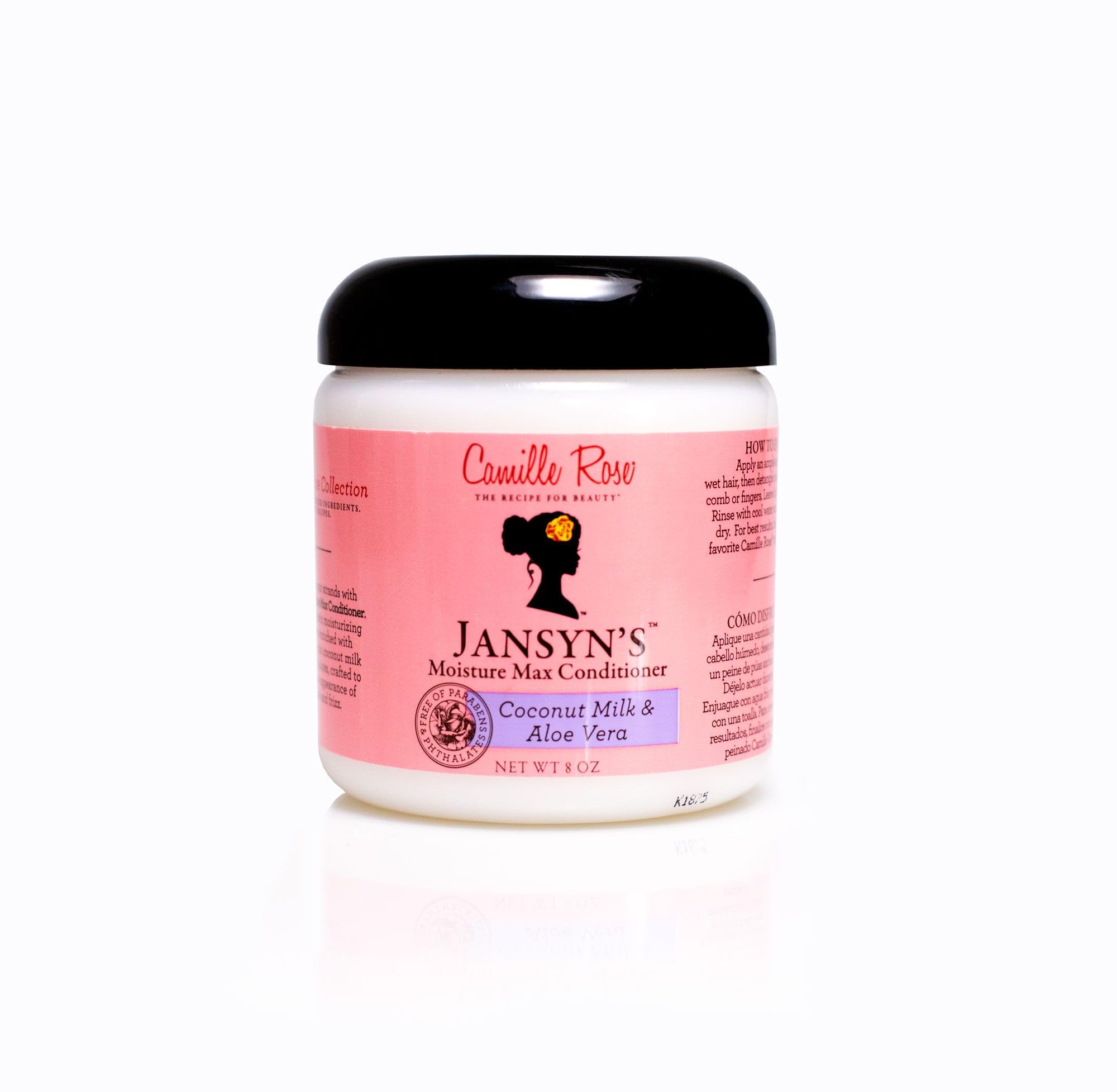 Camille Rose Jansyn’s Moisture Max bottle close-up showing deep hydration for dry hair
