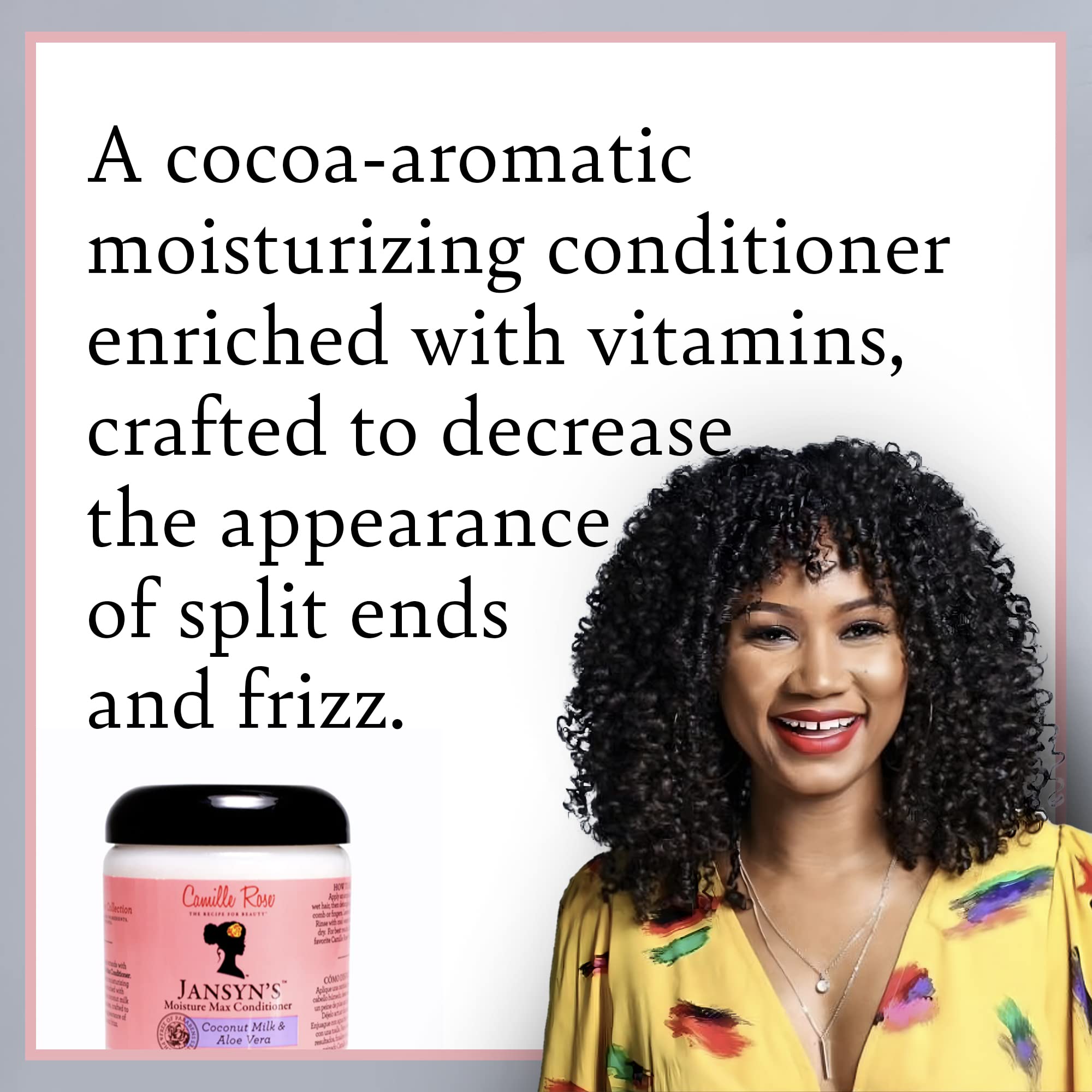 Camille Rose Jansyn’s Moisture Max jar close-up with creamy conditioner texture for detangling