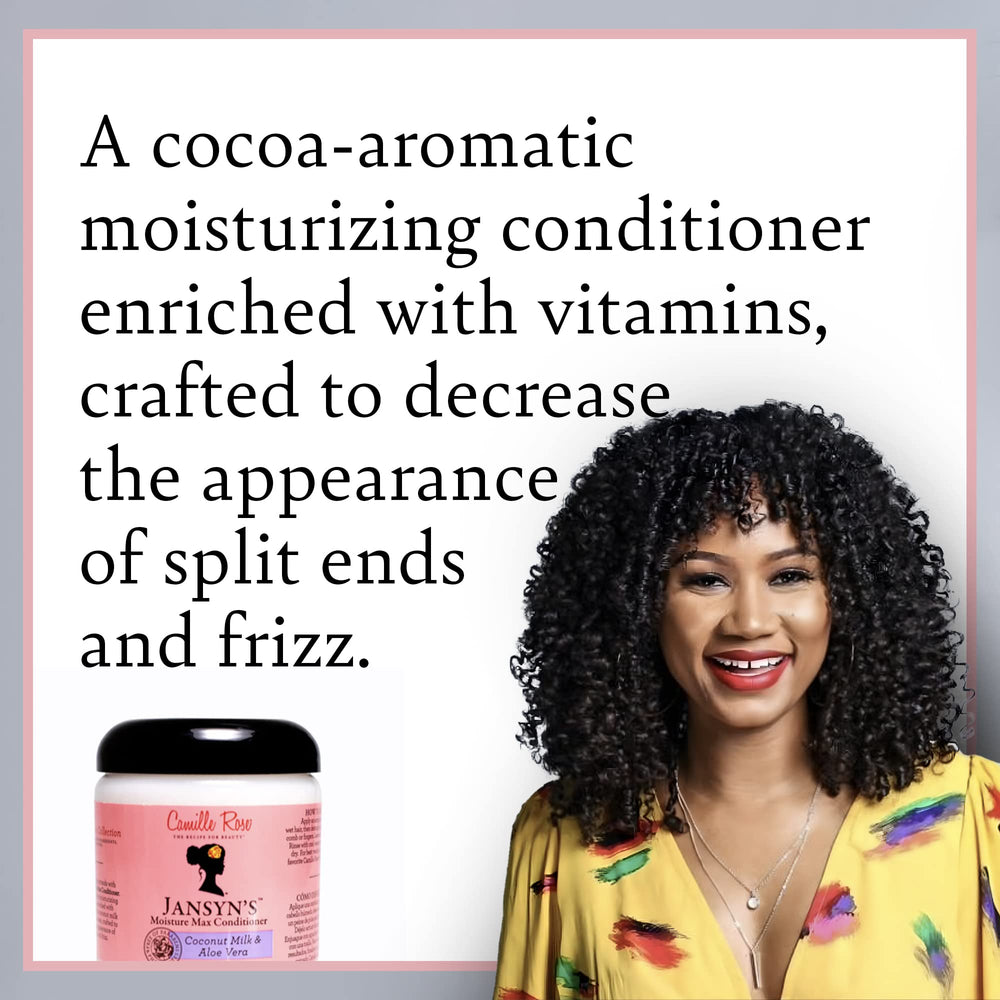Camille Rose Jansyn’s Moisture Max jar close-up with creamy conditioner texture for detangling